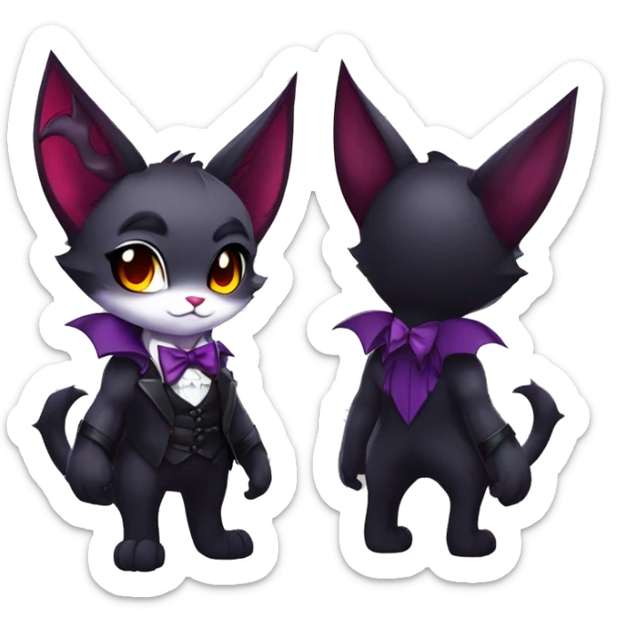Anthro-Cute-Edgy-Vampiric-Batty-Cat-Black-Purple-Red-Grey-White-Yellow-Contrast-Colors-Fantasy-Fur-Sona-Chibi-Shiny-Fakémon-Hybrid with horns and big fangs collar bow ties leg spats full body sticker