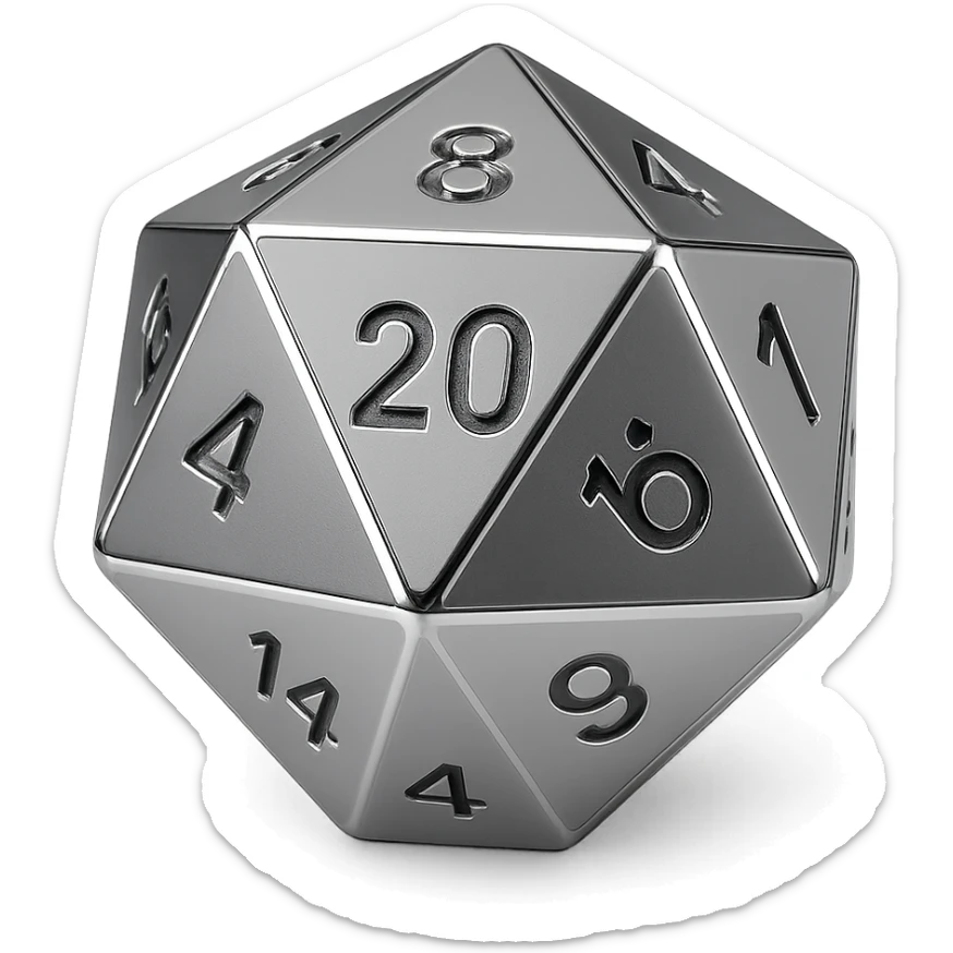 faceted polyhedral die d20 emoji in shiny futuristic alloy finish, crisp edges, cohesive metallic aesthetic sticker