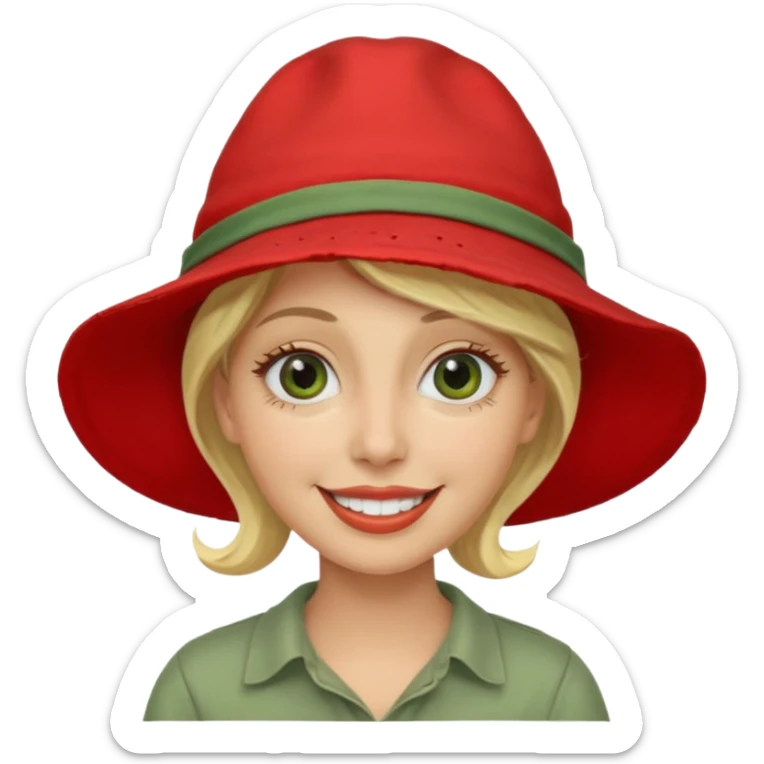 messy green clay mask and red tourist hat blond braided woman big eyes smiling and clay mask on face sticker