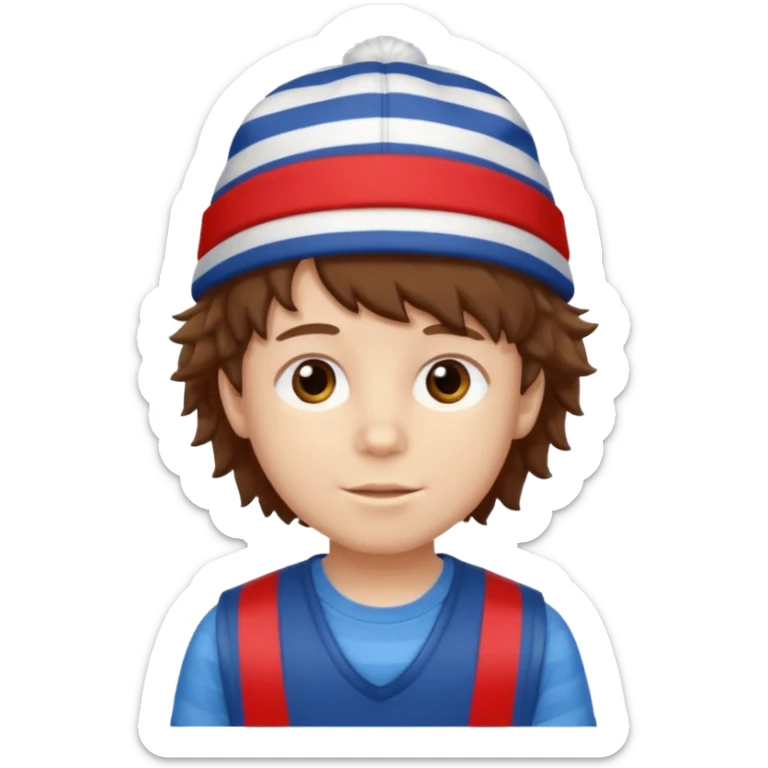 brown fluffy hair kid with blue and white hat dark blue jilet red t shirt sticker