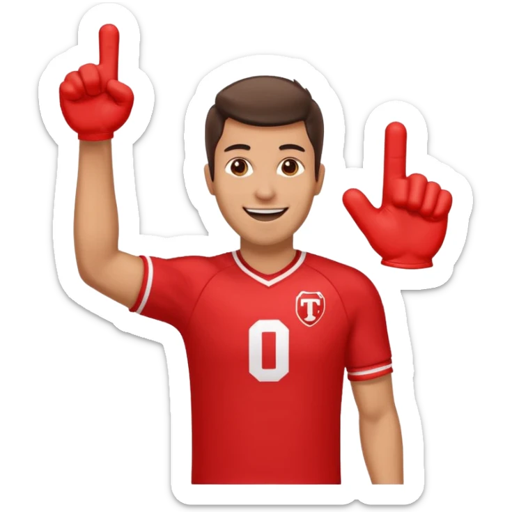 A cheerful man in a team jersey, waving a giant red foam finger high with an excited grin. sticker