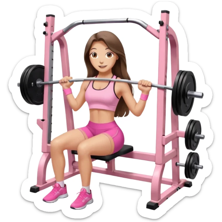 happy pretty white brunette teen long hair with hazel eyes in light pink workout clothes doing a smith machine hip thrust sticker