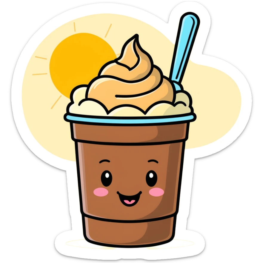 A chocolate peanut butter tub of ice cream that’s extremely happy and has sunshine above it and a banner good girl sticker