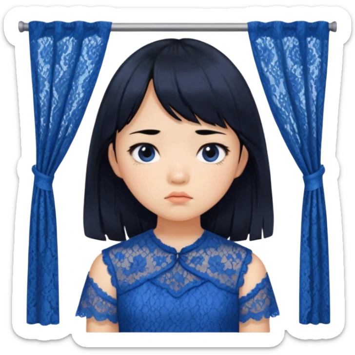 Long hair asian girl with curtain bangs with a blue lace top on with sad expression sticker