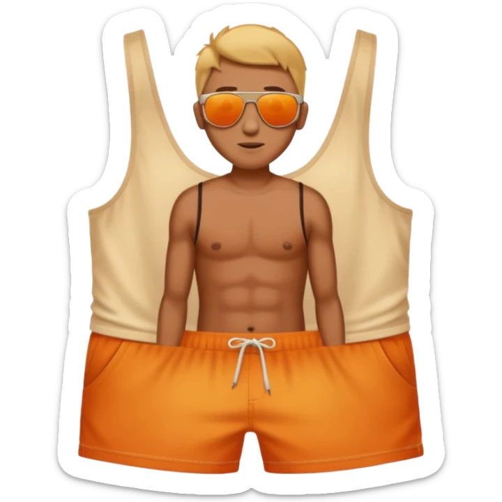 sunbrun eventho person used sunscreen - a parson in beach shorts, but with a sunburn and outline of a tanktop sticker