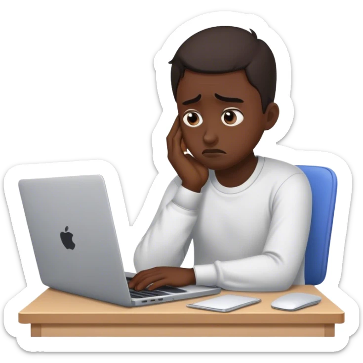 Create an emoji of a tired, frustrated entrepreneur sitting at a laptop. The character has dark circles under their eyes, looks exhausted, and has a disappointed or stressed expression. Their posture is slouched, and they seem stuck or overwhelmed, representing someone struggling to grow their business. Keep the design simple and expressive. sticker