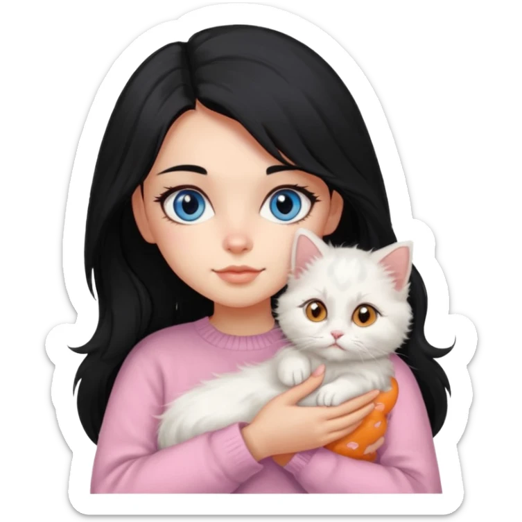 Girl with mid long black hair in soft pink sweater holding A 2-month-old Persian-Angora mix kitten with blue eyes and mostly orange fur with white patches cat sticker