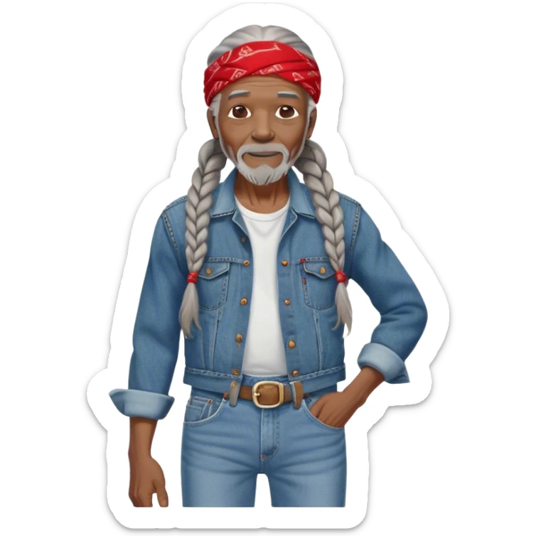 90 year old black man with long braided gray hair, dressed in 501 Levi's dinum jeans with red bandana hanging out his back pocket  sticker