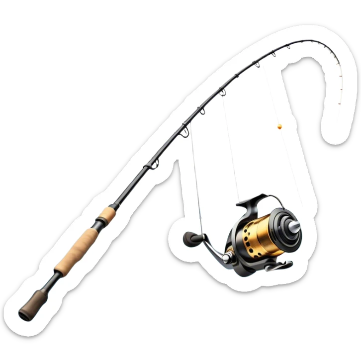 Cinematic Realistic Fishing Rod, sleek graphite rod with a smooth, polished reel, thin line disappearing into a shimmering lake, warm golden sunlight reflecting off the water, glowing with a tranquil and adventurous aura. sticker