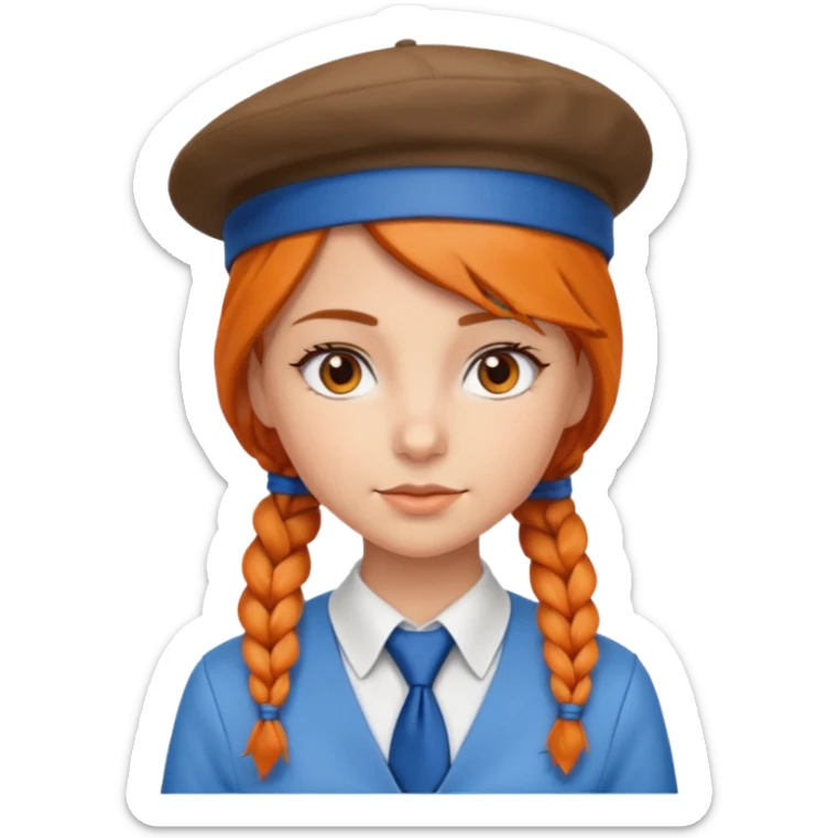 orange braided hair girl, wearing white shirt, Blue Necktie and a brown berret Hat sticker