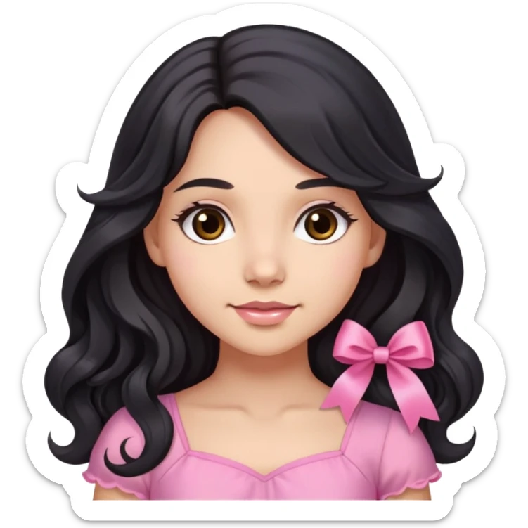 Beautiful girl with long wavy black hair, brown eyes, light skin, slight smile, pink ribbon in hair, and pink dress sticker