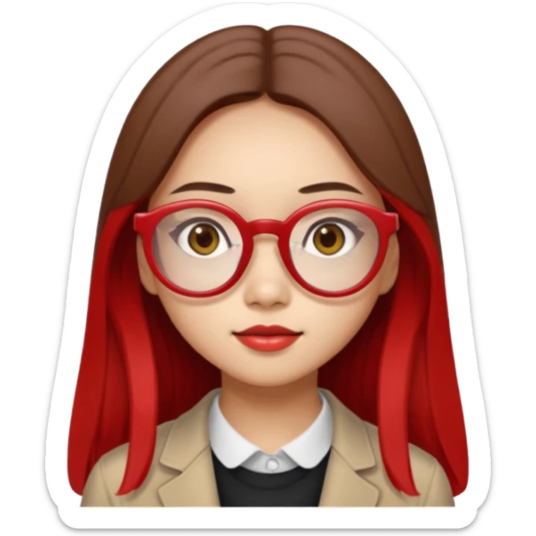 20 yr old asian woman, straight thick long brown hair, middle part, big red glasses, brown eyes sticker