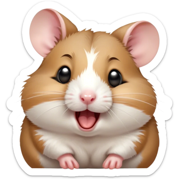 Cinematic Cute Yawning Brown and White Banded Hamster Portrait Emoji, Head tilted slightly with a dramatic, wide-open yawn, revealing a soft, banded fur of brown and white with tiny droopy ears, round dark eyes barely open in drowsy contentment, Simplified yet irresistibly adorable features, highly detailed, glowing with a soft, cozy glow, high shine, relaxed yet expressive, stylized with a touch of whimsy, bright and endearing, soft glowing outline, capturing the essence of a sleepy yet affectionate hamster, so drowsy it feels like it could stretch out of the screen and curl up for a nap! sticker