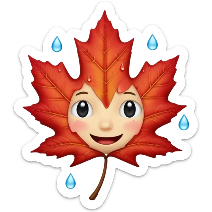laughing maple leaf with tears coming out of eyes, expressive, emoji style sticker