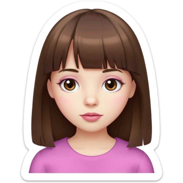 brown straight hair, bangs, big brown eyes, small nose, pale white skin, pink lips sticker