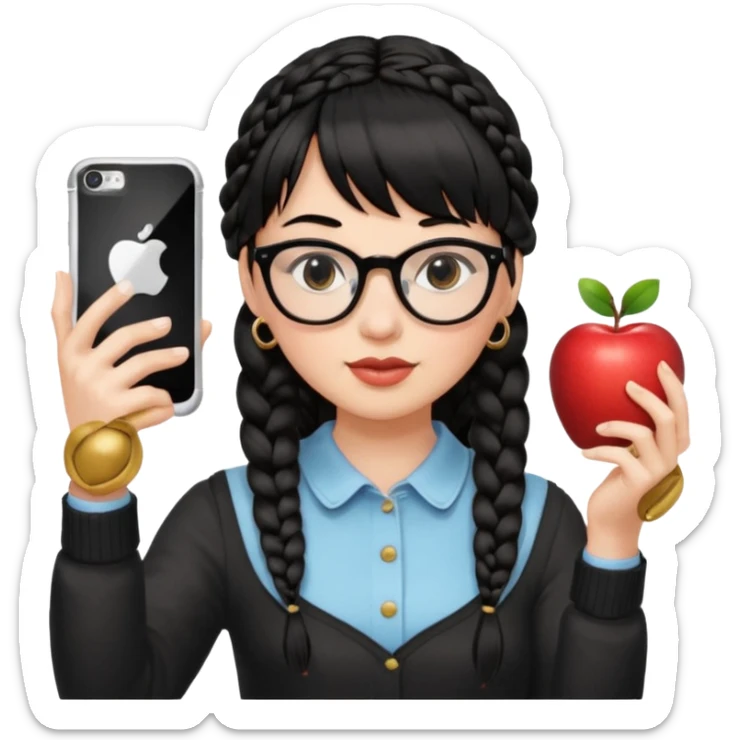 Black hair is braided to one side, braided to the left, and full bangs, wearing horn-rimmed glasses, holding an iPhone white color and taking a mirror selfie so that Apple logo comes out sticker