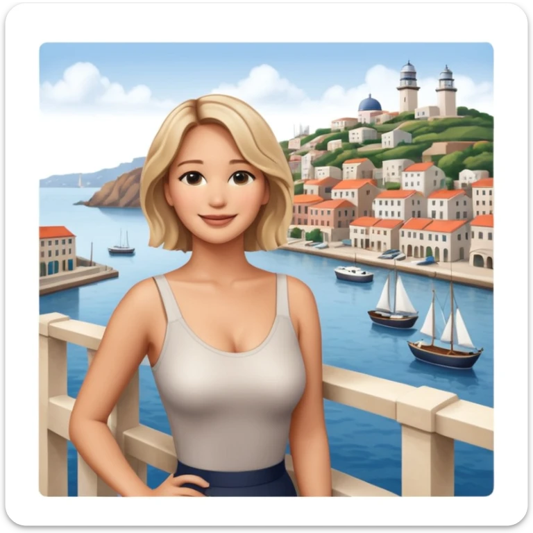 jennifer lawrence, leaning on a balcony with a harbor and cityscape in the background, smiling, closeup sticker