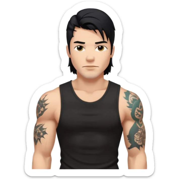 a guy with mullet and tattoos. Black hair.lean but Muscled. wearing a black sleeveless tee sticker