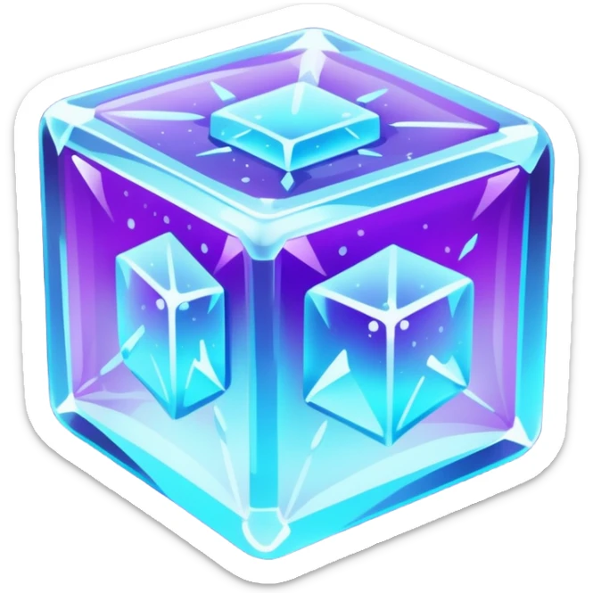 glowing ice crystal cube, icy neon cyan highlights, purple neon accents, dark background, digital tech style. sticker
