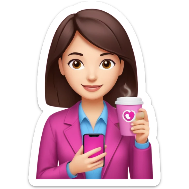 Social media manager. She has dark brown hair, brown eyes, a friendly smile. She is holding a smartphone and a coffee cup. Include subtle marketing elements like small icons of hashtags or a speech bubble, instagram logo. Use vibrant colors with a focus on pink and fuchsia tones. sticker