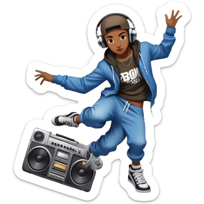 Icon for Street Dance: a dancer in urban streetwear performing a dynamic lower breakdance move, with a spray-painted background, headphones, and a boombox on the asphalt. The icon should capture the energy, style, and creativity of street dance culture. Transparent background. sticker