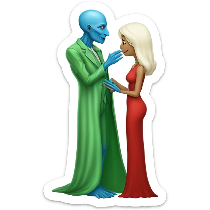 Beatiful tall blue skin woman extraterrestial reptilian 47 years old in red dress, kissing white man in green dress, full figure, full body sticker