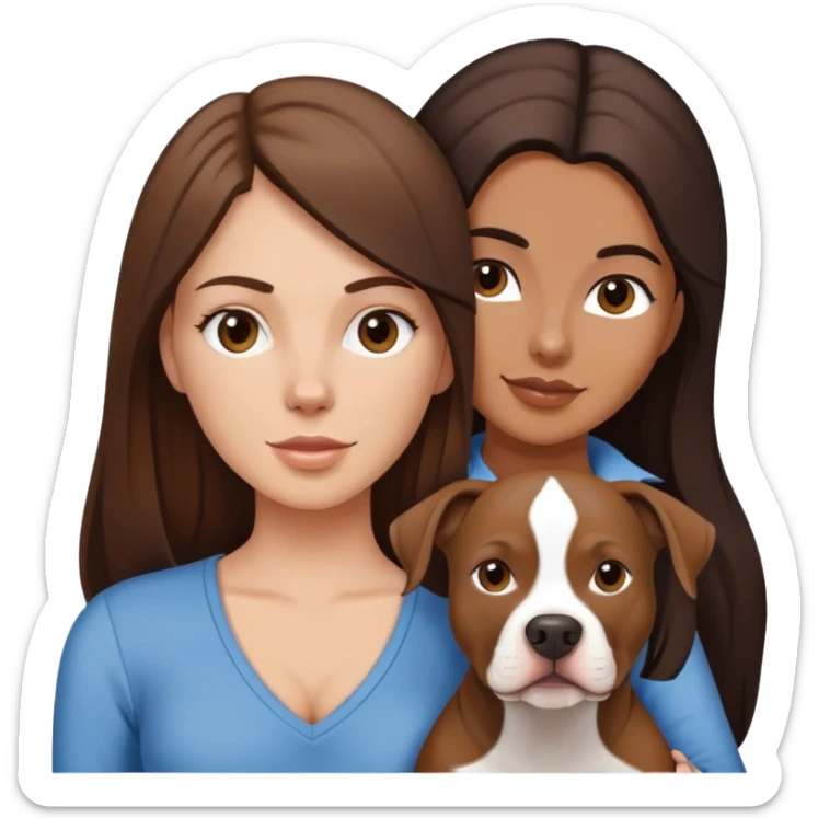 White girl with dark brown long hair with her pitbull dog brown and white sticker