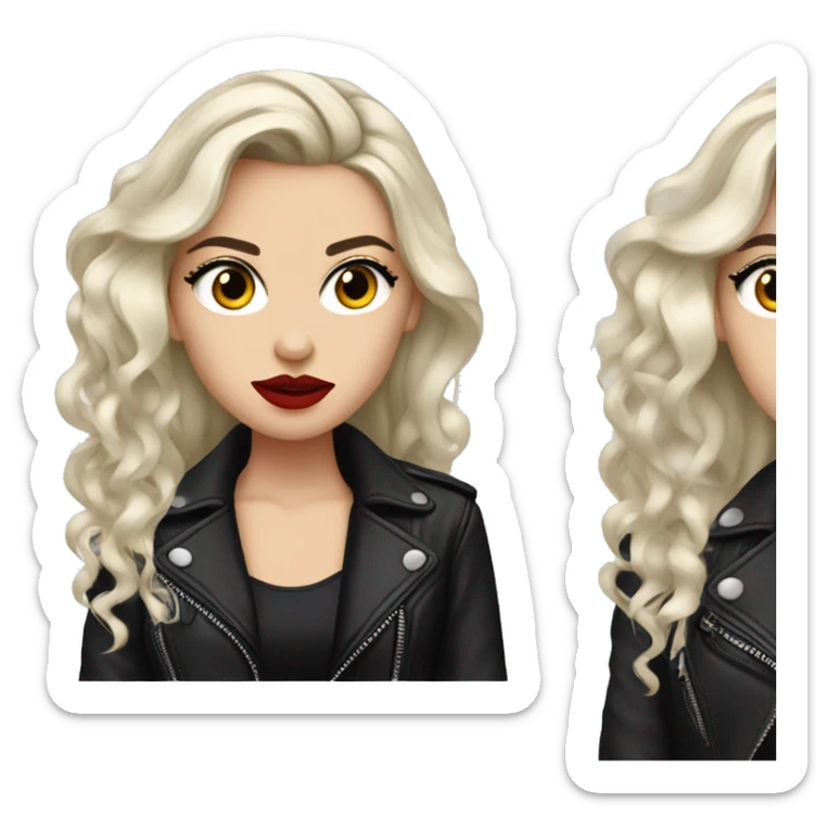 White girl, with long curly black hair, with red lipstick, black winged eyeliner, wearing black shirt and black leather jacket, rolling her eyes in annoyance  sticker