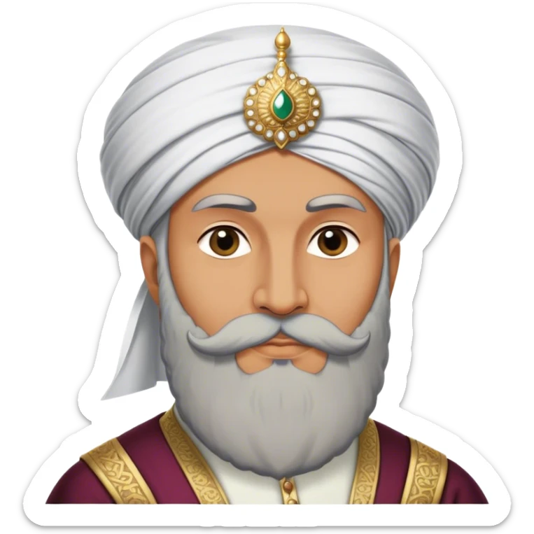 ​Cinematic Realistic Portrait of Suleiman the Magnificent, depicted as a regal Ottoman sultan adorned with a large, white, round, tall turban and a majestic grey beard, his commanding gaze bathed in warm, historic lighting that exudes timeless authority and grandeur, sticker