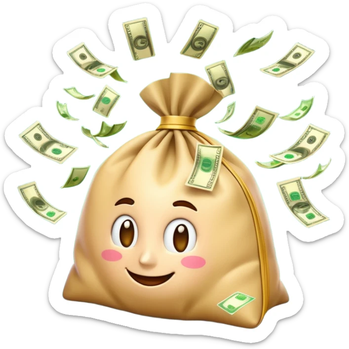 

3D emoji style, big bag of money, flying dollar bills, rich casino vibe, smooth lighting, high detail, clean edges, transparent background



 sticker