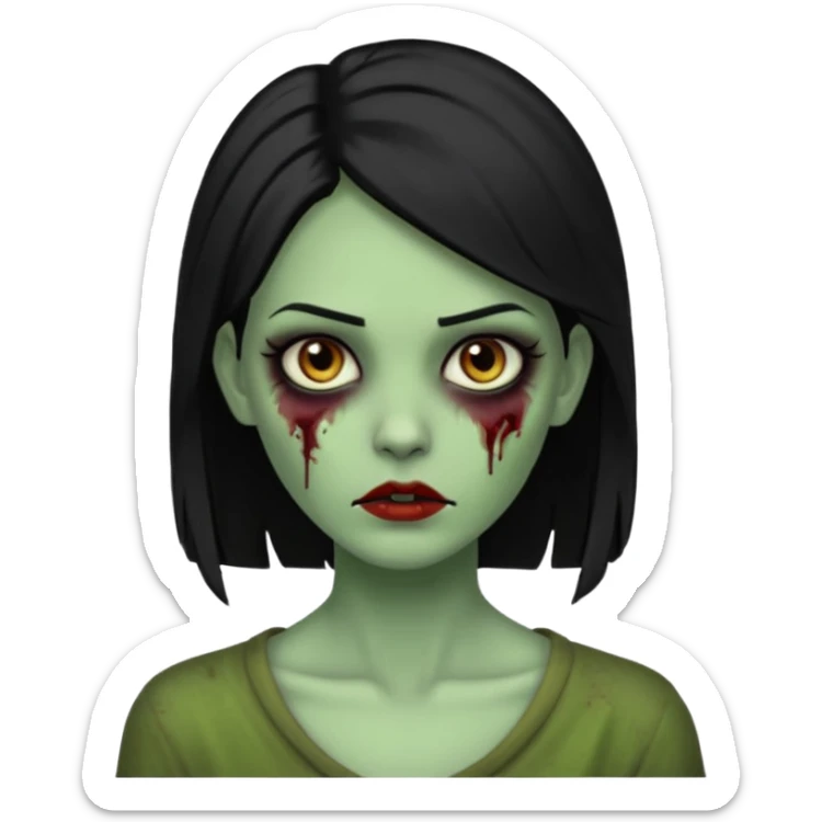 Faça uma zombie mulher bonita verde com olhos castanhos cabelos pretos partido ao meio liso, com estilo  sticker