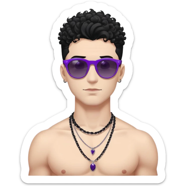 shirtless male athlete with white skin and moderately curly black hair on top with shaved sides, wearing purple sunglasses with very dark heavily tinted black lenses, and a simple plain black chain necklace, no earrings or other jewelry sticker