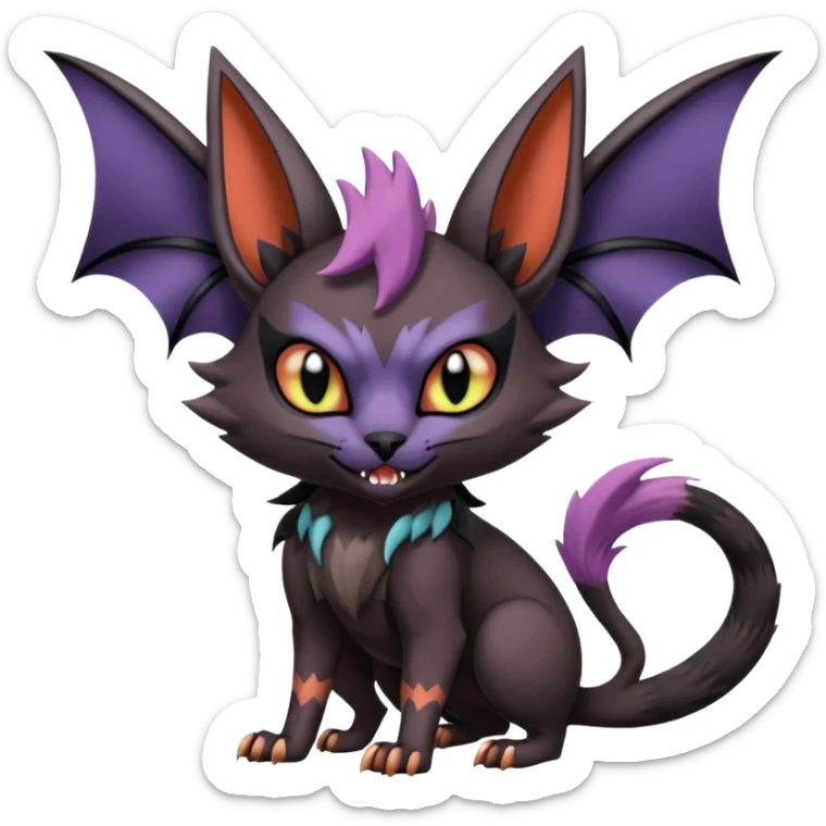 Black edgy Noivern-Noibat-Purloin-Torracat-Lykoi-Caracal-cat-Fakemon-fusion-hybrid-creature with bat wings on head as ears, big fangs, gothic markings sticker