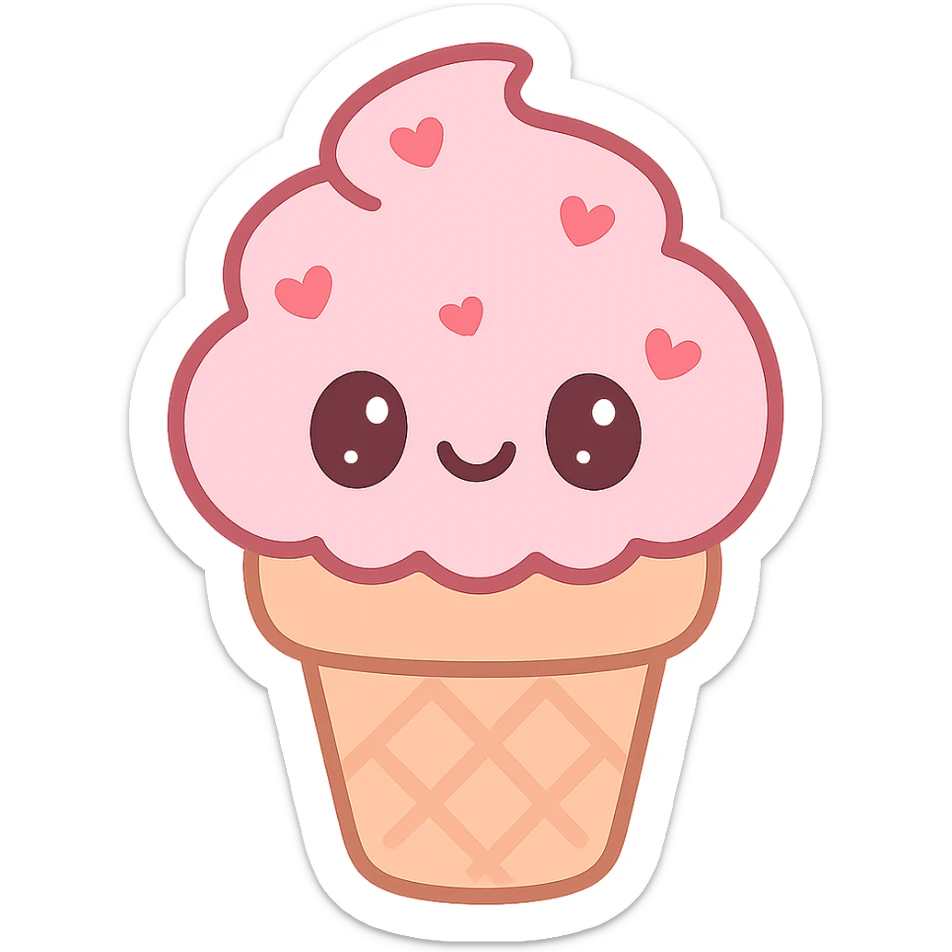 kawaii style ice cream cone, cute face, pastel colors, big sparkling eyes, heart-shaped sprinkles, fun and friendly sticker