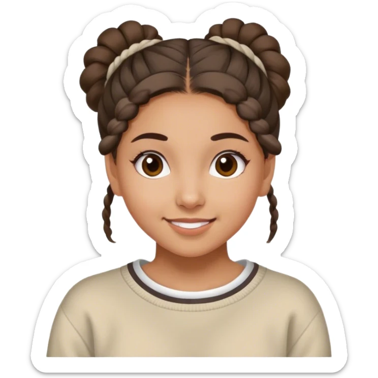Young latina girl, very cheerful, hair tied up, with college sweater sticker