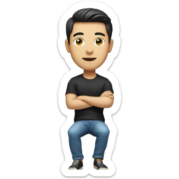 An Asian man with pale skin sitting on top of a black Ford car sticker