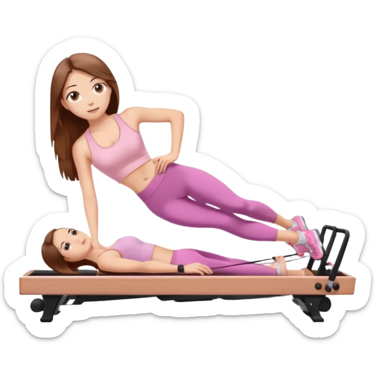 pretty white teen with hazel eyes and long brown hair and a small waist in light pink workout clothes in a plank on a pilates reformer sticker