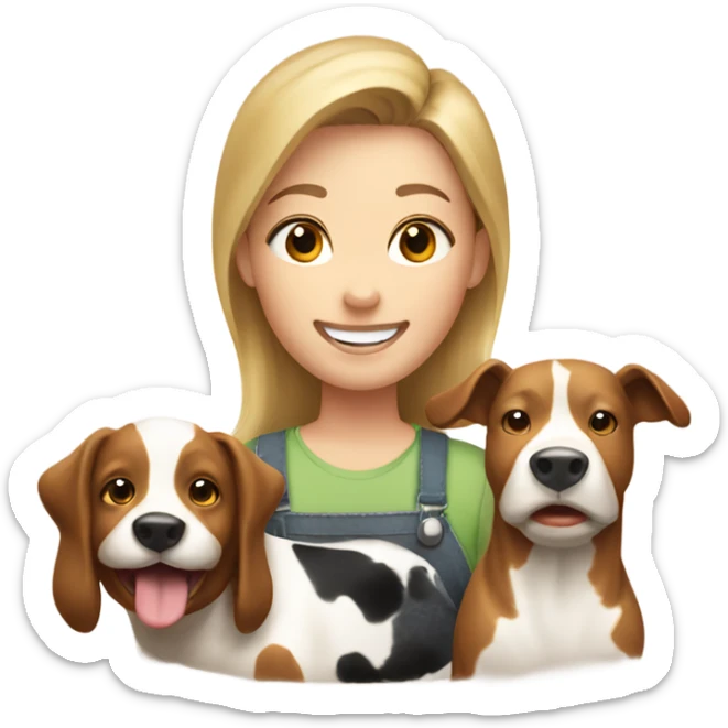 happy face emoji with brownish blonde hair on a farm with a cow and a dog  sticker