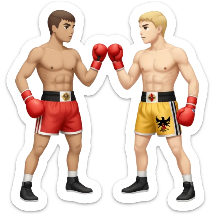 a sideways view of two boxers squaring up, one should have the flag of the HRE as his short while the other the Kingdom of Bohemia sticker