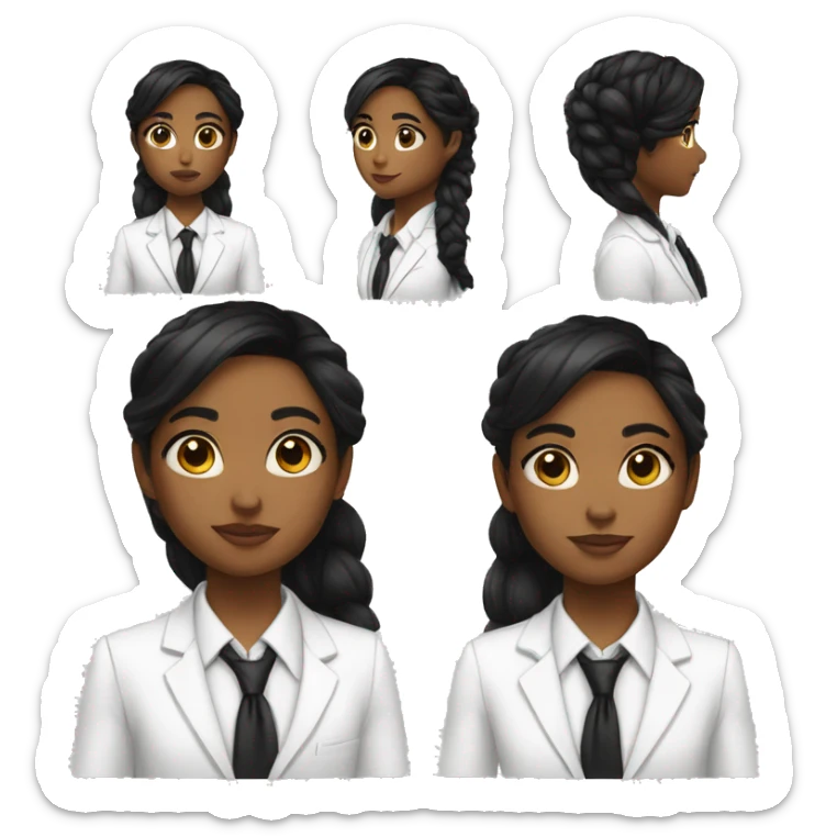  a young girl with Latin features, dark skin, long black hair with a ponytail, makeup, big eyes, small nose, thin eyebrows, wearing a white suit, white shirt and black tie sticker