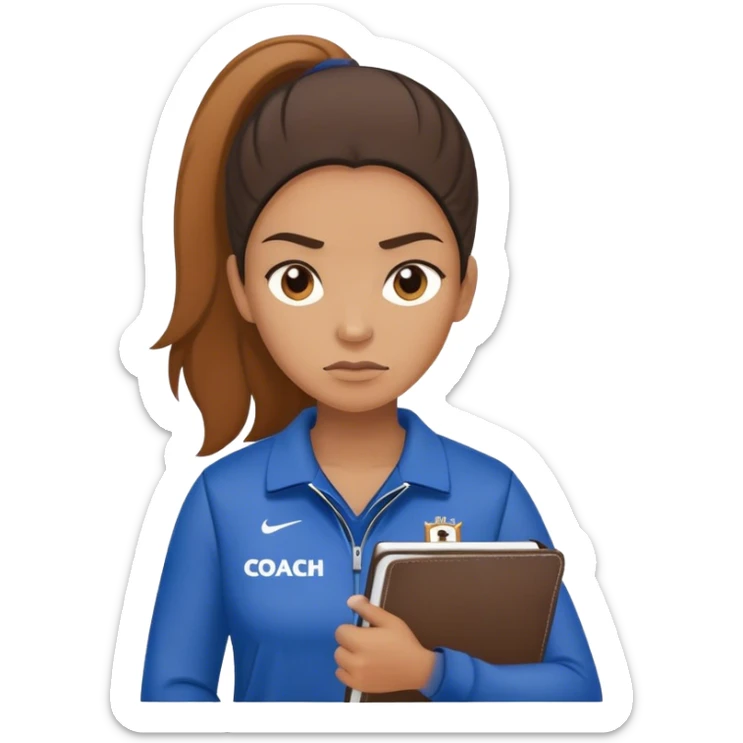 yelling female sport coach with coach wear(with LockIn written on it) and holding a notebook sticker