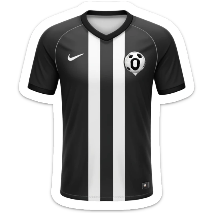 Soccer jersey emoji, cartoon emoji style, front view, black football shirt with a bold vertical white stripe in the center, clean and minimal design, no logo, no sponsor, short sleeves, black round collar, sticker