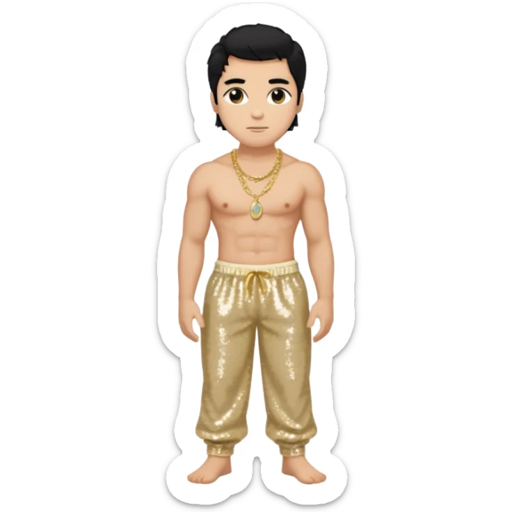 Otello with black hair, cream sequin baggy pants, shirtless with necklace sticker