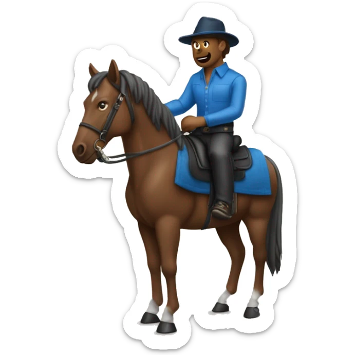 create an emoji of a man wearing a blue clothes on top of a brown horse. just like the cover of bad bunhos álbum "nadei sabe lo que va pasar manana" sticker