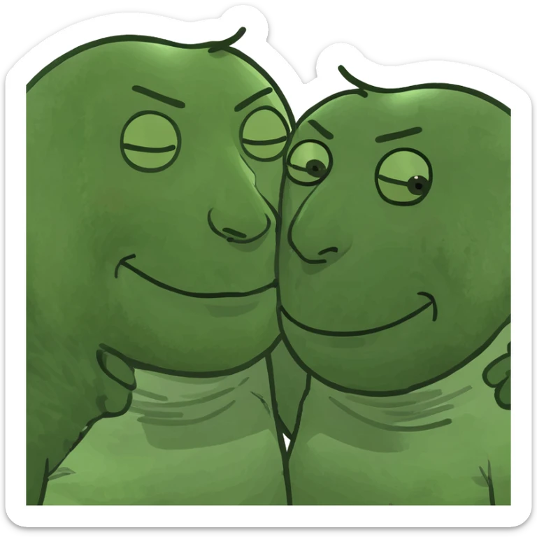 Person with black hair and bangs hugging a person with brown long hair and another person with back Afro sticker