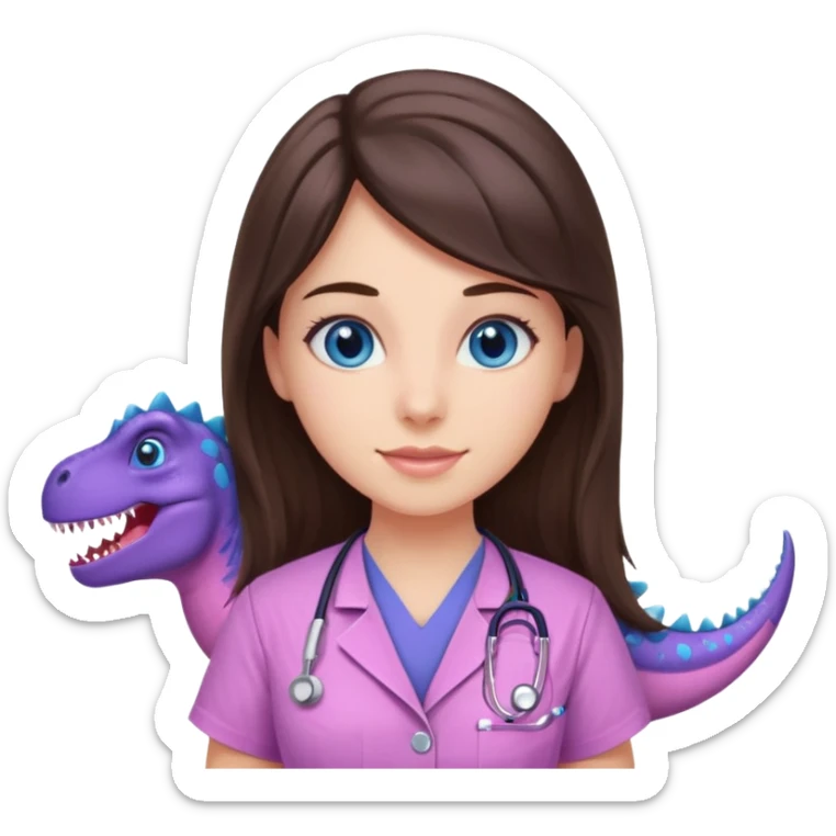 pretty brunette nurse with long hair and blue eyes in pink and purple dinosaur pattern scrubs sticker
