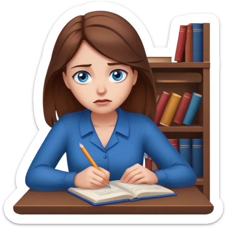 female writer, romantic, with brown hair, fair skin and blue eyes writing a book with a worried face sticker