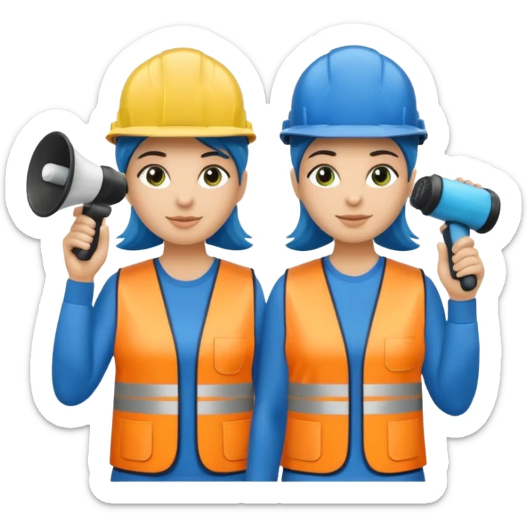 Duas pessoas com capacete de obras azul e um megafone na mão e camisa social cinza com faixas reflexivas verdes nos braços. Deve ser um homem e uma mulher. Os dois capacetes devem será azul escuro. sticker