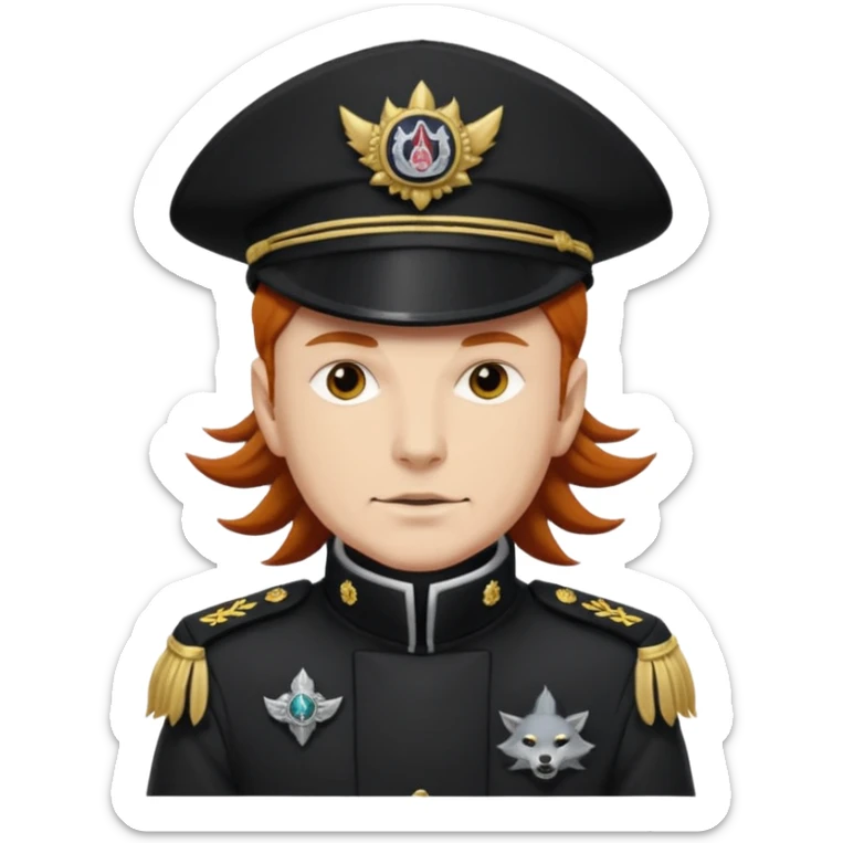 An auburn-hair'ed admiral with a flawless bear and mustache wearing a black admiral outfit and hat with Wolf Ears coming out of the hat, and 9 tails behind him, with the admiral black shirt featuring on the left breast pocket the insignia of Helldivers 2 sticker