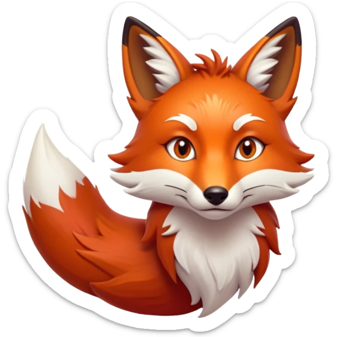 Cinematic Noble Fox Portrait Emoji, Poised and regal, with a lithe, agile build and a lush, fiery red Fur accented by white markings on the chest and tip of the tail, deep-set soulful amber eyes, Simplified yet sharp and sophisticated features, highly detailed, glowing with a warm, dignified glow, high shine, intelligent and cunning, stylized with an air of wild elegance, focused and attentive, soft glowing outline, capturing the essence of a watchful and confident forest wanderer, so majestic it feels as though it could dash out of the screen with effortless authority! sticker